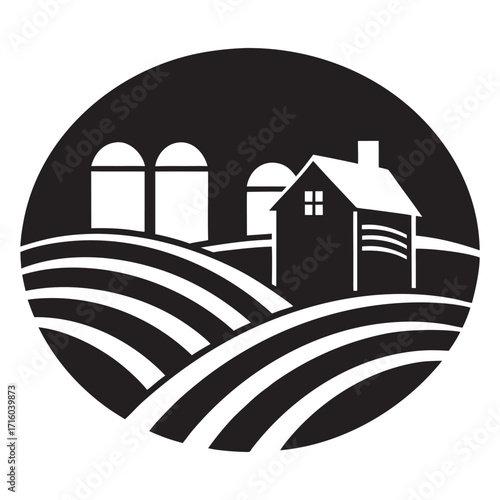 Stylized silhouette of rolling hills and farmland with a vibrant sky