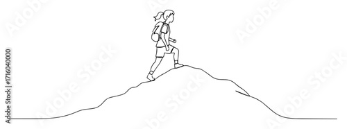 solo hiker standing on hilltop reaching summit landscape monoline oneline vector outline