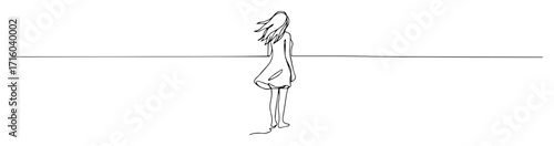 lonely girl standing on empty road contemplating horizon monoline oneline vector outline