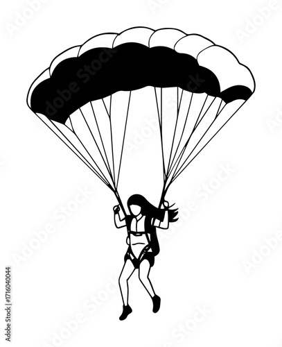 parachuting woman in air monoline vector illustration