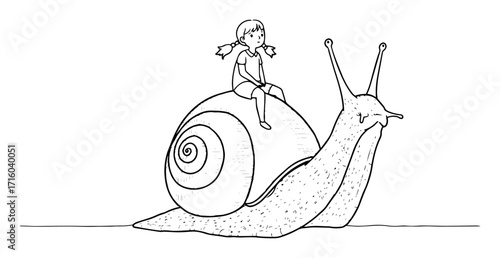 girl sitting on giant snail monoline vector sketch