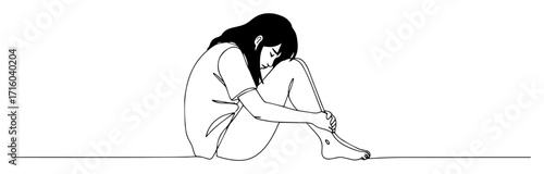 sad woman hugging knees seated contour monoline vector thin outline lineart
