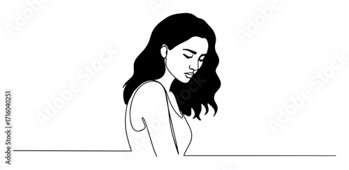 one single line drawing of a melancholic and pensive woman looking down