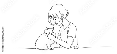 single one line drawing of a woman hugging her fluffy cat with love