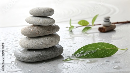 zen balancing stones with water drops and green leaf for natural spa meditation