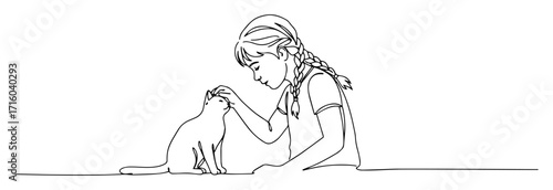 one continuous line drawing of a little girl petting a cute cat