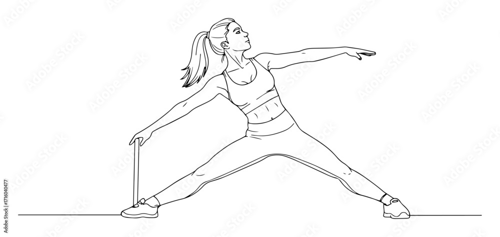 Fototapeta premium one continuous line drawing of a woman in yoga warrior pose fitness concept