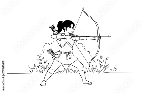 female archer aiming bow outdoor stance monoline oneline vector outline