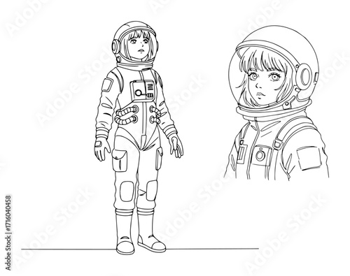 female astronaut in spacesuit one continuous line drawing set