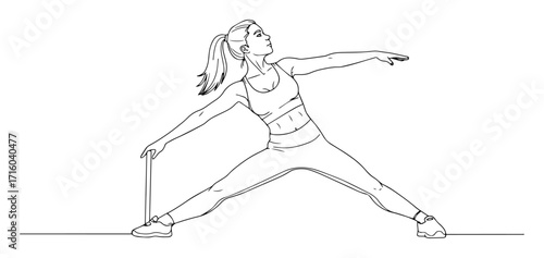 one continuous line drawing of a woman in yoga warrior pose fitness concept