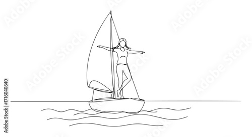 woman on sailboat feeling free one continuous line drawing