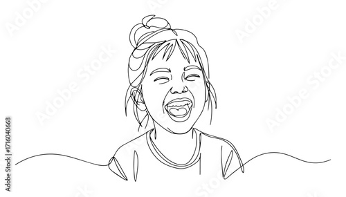 single one line drawing of a happy laughing girl with braces joy expression