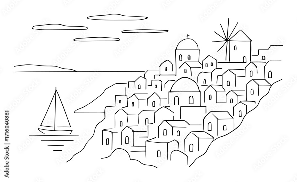 Naklejka premium santorini greece coastal town one continuous line drawing