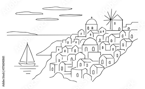 santorini greece coastal town one continuous line drawing