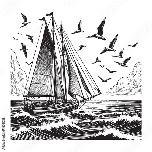 Sailing ship engraving  Vintage woodcut engraving style vector illustration isolated on white