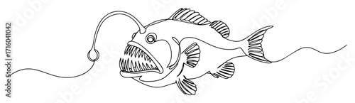 anglerfish deep sea predator continuous line fish vector monoline outline