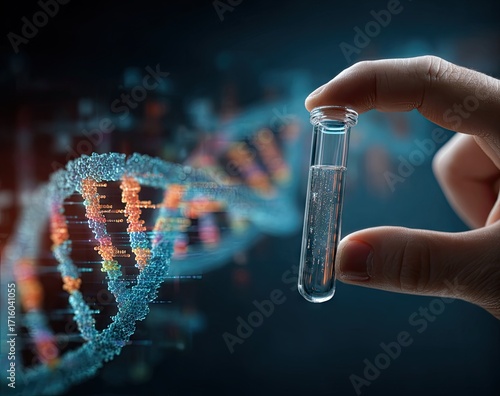 Scientist holding test tube with glowing DNA helix in laboratory research.