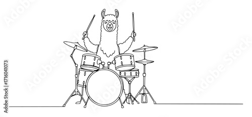 llama drummer playing drum kit continuous line music animal vector monoline outline
