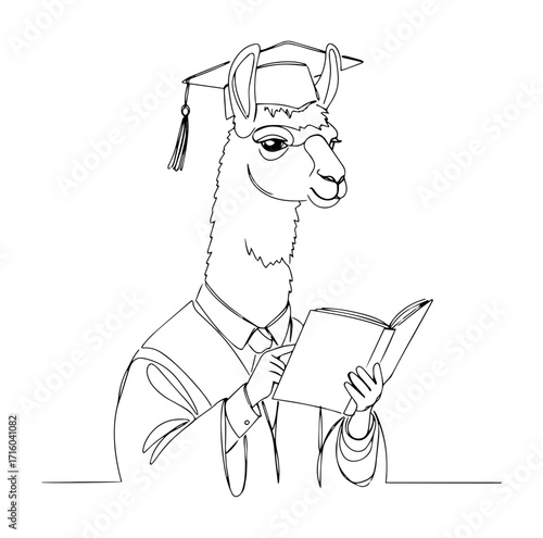 graduated llama reading book monoline thin lineart vector illustration