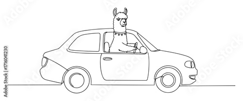 llama driving a car continuous one line drawing