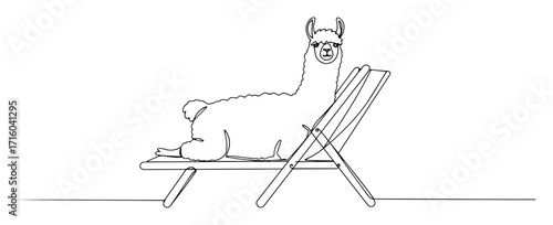 llama lounging on deck chair monoline oneline vector outline