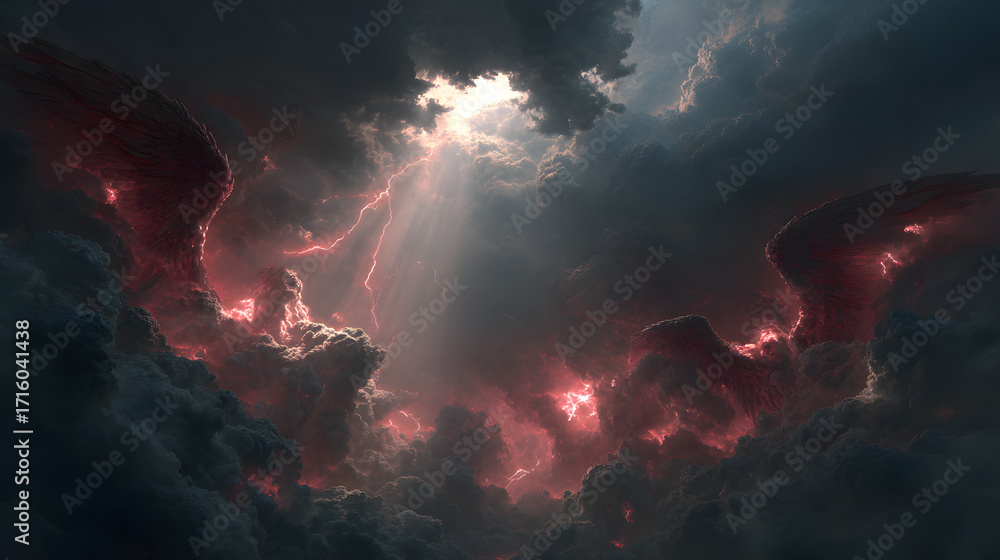custom made wallpaper toronto digitalA dramatic scene of divine light breaking through dark storm clouds, sorrow and defeat on the faces of fallen angels illuminated below, their wings tattered, crimson lightning fracturing the sky,
