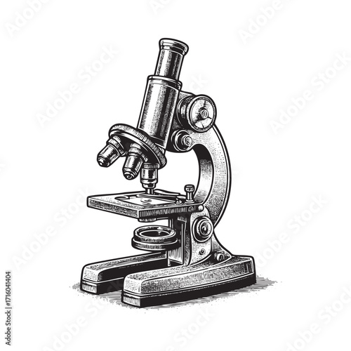 Engrave of Microscope with Detailed Line Work and Shading in Black and White