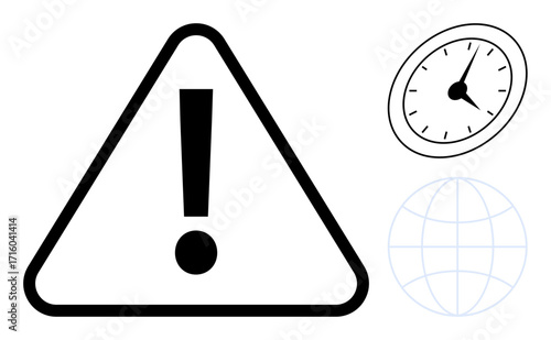 Triangular warning sign with exclamation mark, analog clock, and globe outline. Ideal for time sensitivity, global risk, urgency, precautions, deadlines efficiency international focus. A simple
