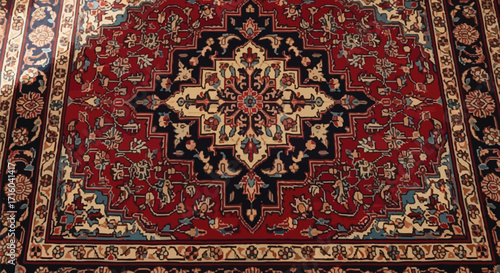Intricate persian rug featuring a central medallion design with floral and geometric patterns creating a rich and luxurious texture for interiors