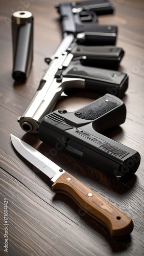 Assorted firearms and knife on wood