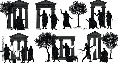 Ancient Greek Roman Silhouette Vector Set Featuring Philosophers, Scholars, Scrolls, Columns, Trees, and Classical Architecture in Educational and Historical Scene Design