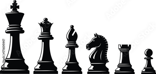 Chess piece silhouette set, black vector icons, king queen bishop knight rook pawn, classic board game symbols, strategy illustration, white backgroundChess piece silhouette set, black vector icons, 