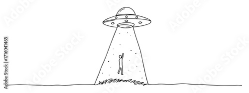 ufo shining beam on person monoline vector lineart thin outline
