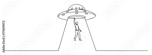 ufo abducting hanging person monoline vector lineart thin outline