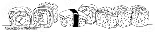 sushi nigiri maki assortment monoline vector lineart thin doodle outline