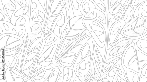 Abstract line art featuring overlapping shapes resembling swiss cheese plant leaves design on white background