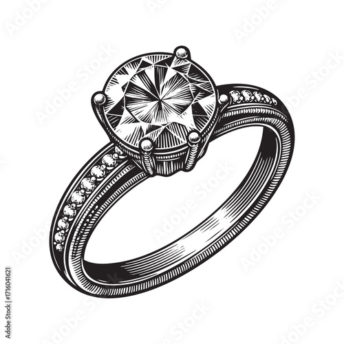 Diamond ring with Detailed Line Work on White Background