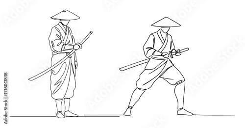 samurai duel with swords monoline vector oneline