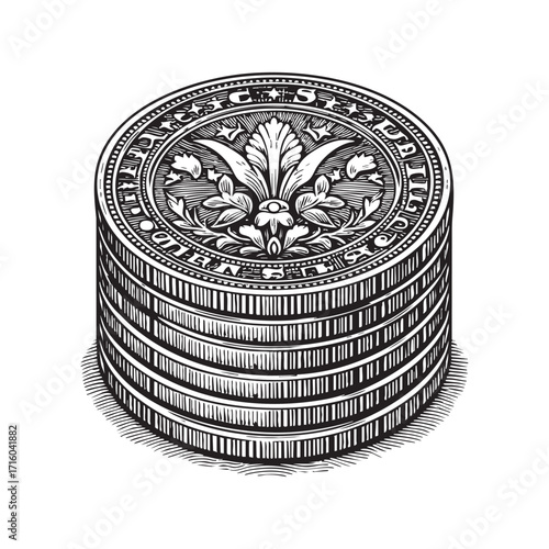 Detailed engraving style Coin stack   