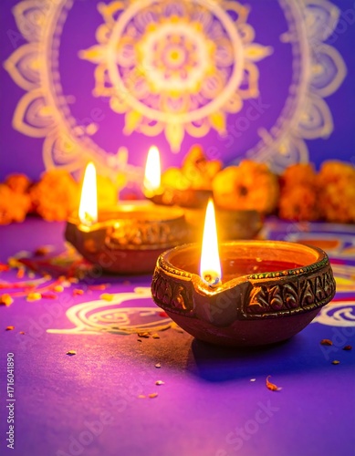 Diwali oil lamps on a purple background with rangoli
