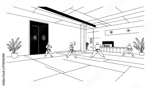 traditional karate dojo class interior with trainees laser cutting vector lineart
