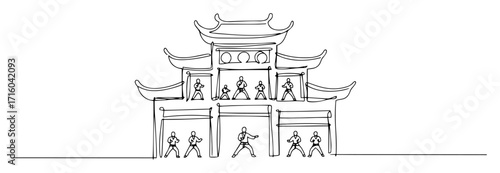 pagoda temple with martial arts sessions in tiers contour monoline vector lineart