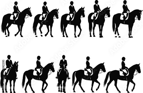 Equestrian silhouette vector, horse riding poses, dressage illustration, rider in helmet, horseback sport graphic, black horse motion, formal attire clipart