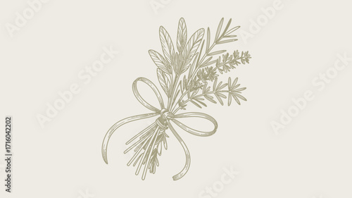A delicate herb bundle tied with a bow in a vintage style illustration on a light background