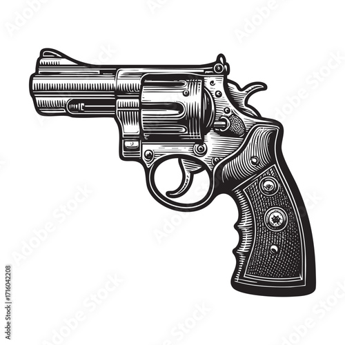 Vector of Revolver handgun hand drawn black and white graphic vector illustration