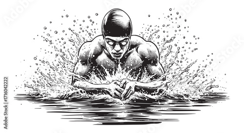 Man swimming on pool isolated on white background. Vector illustration in sketch style
