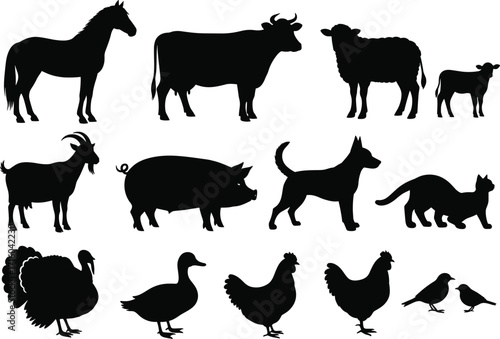 Farm animal silhouette set, domestic livestock vector illustration, black animal icons, cow, horse, pig, goat, dog, cat, bird, poultry