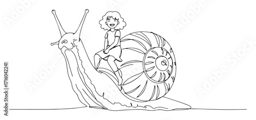 girl riding giant snail fantasy scene continuous thin line art monoline oneline vector lineart outline