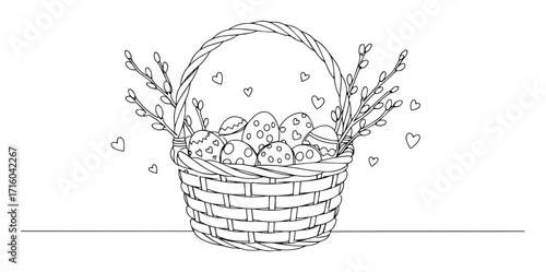 basket of decorated easter eggs with willow branches continuous thin line illustration monoline oneline vector lineart outline
