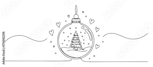 one continuous line drawing of a christmas bauble with a tree inside festive holiday symbol vector design